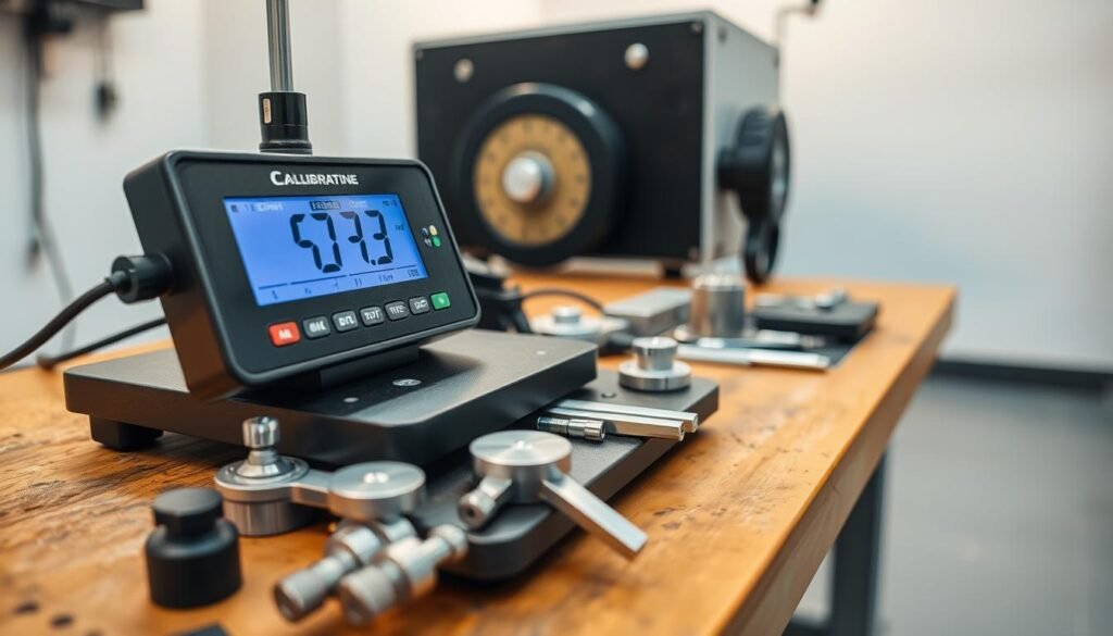 A close-up view of a digital scale being calibrated on a sturdy workbench, with various precision weights and measurement tools arranged neatly around it. The scale's display shows the readout, indicating the calibration process is underway. The scene is bathed in warm, diffused lighting, creating a professional, technical atmosphere. The angle emphasizes the scale's mechanisms and internals, conveying the importance of proper maintenance and calibration for commercial truck weighing applications. The background is clean and uncluttered, allowing the focus to remain on the calibration process.