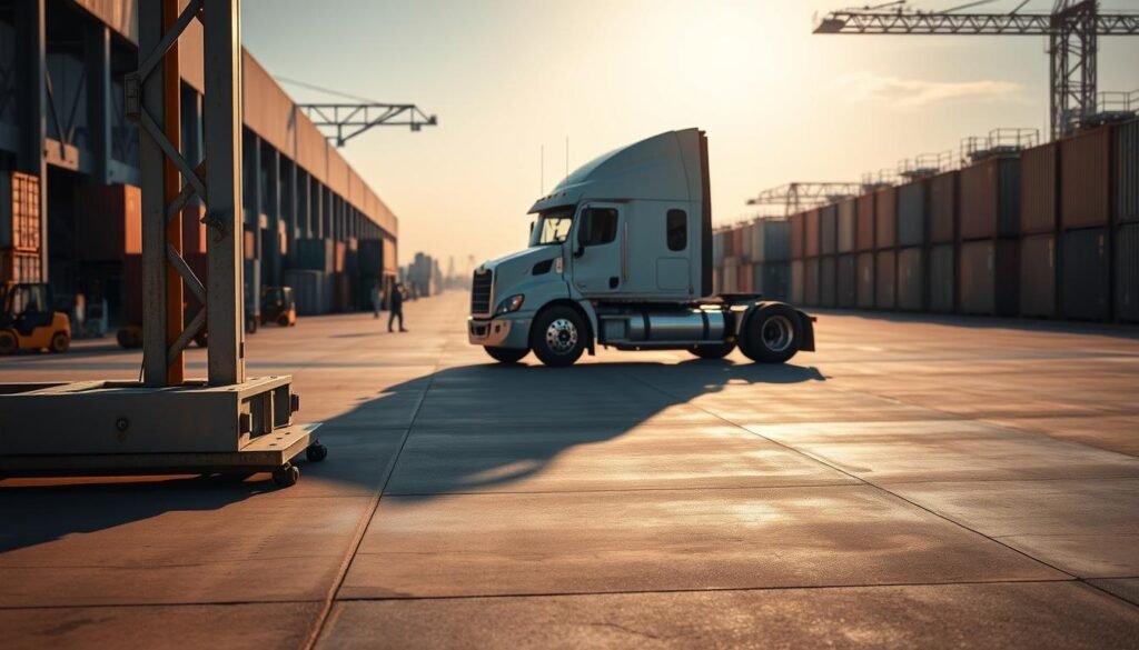A large, industrial-grade truck scale stands prominently in the foreground, its sturdy metal frame and platform gleaming under the warm, golden lighting. In the middle ground, a semi-truck slowly rolls onto the scale, its massive wheels and hulking chassis casting long shadows across the smooth, paved surface. The background is softly blurred, revealing a scene of bustling logistics operations - forklifts, cargo containers, and workers carrying out their duties. The overall atmosphere conveys a sense of efficiency, precision, and the importance of accurate weight measurement in the transportation industry.