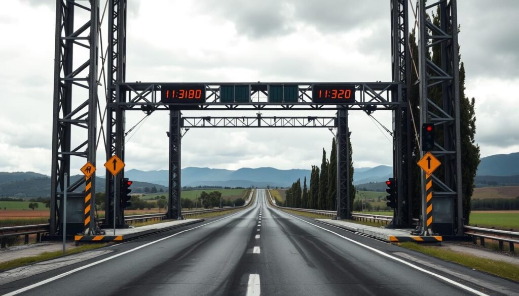 A large, industrial-grade weighbridge situated on a rural highway, capturing the essence of "balança rodoviária". The foreground showcases the sturdy, metal platform with precise digital readouts, flanked by warning signs and traffic lights. The middle ground features a well-maintained road leading up to the weighbridge, with tall trees lining the sides, conveying a sense of order and functionality. In the background, rolling hills and a cloudy sky set the scene, creating a tranquil, yet authoritative atmosphere befitting the importance of heavy-duty vehicle weighing.
