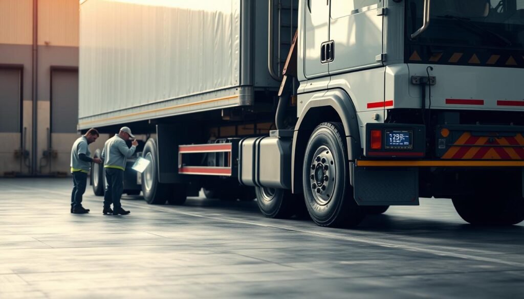 A large truck parked on a flat, paved surface. In the foreground, a team of technicians is carefully installing a heavy-duty truck scale, examining the precision mechanisms and leveling the platform. The middle ground shows the truck's chassis and tires, with the scale's digital display and control panel visible. In the background, a warehouse or industrial facility provides a clean, utilitarian backdrop, bathed in warm, diffused lighting that accentuates the technical details. The scene conveys a sense of diligence and expertise, reflecting the importance of accurate weight measurements in the transportation industry.