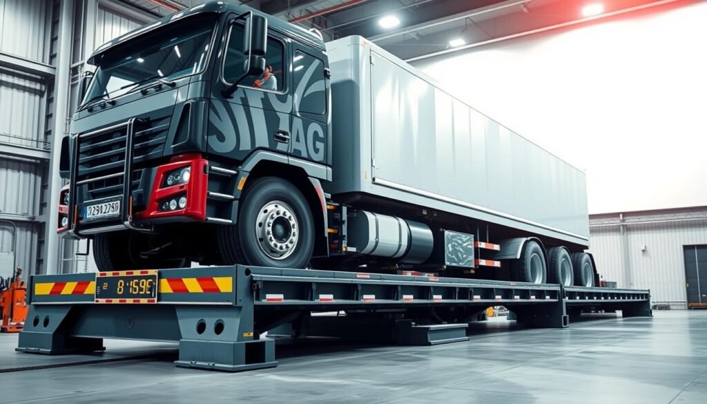 A massive truck rests on a large truck scale, its wheels precisely positioned on the weighing platforms. The scale's digital display shows the vehicle's weight, surrounded by a well-lit, modern industrial setting. The bright, evenly distributed lighting casts subtle shadows, highlighting the scale's sturdy construction and the truck's intricate details. The scene conveys a sense of precision and efficiency, with the truck's driver overseeing the weighing process from the cab. The background features a clean, uncluttered environment, allowing the scale and the truck to be the focal points of the image.