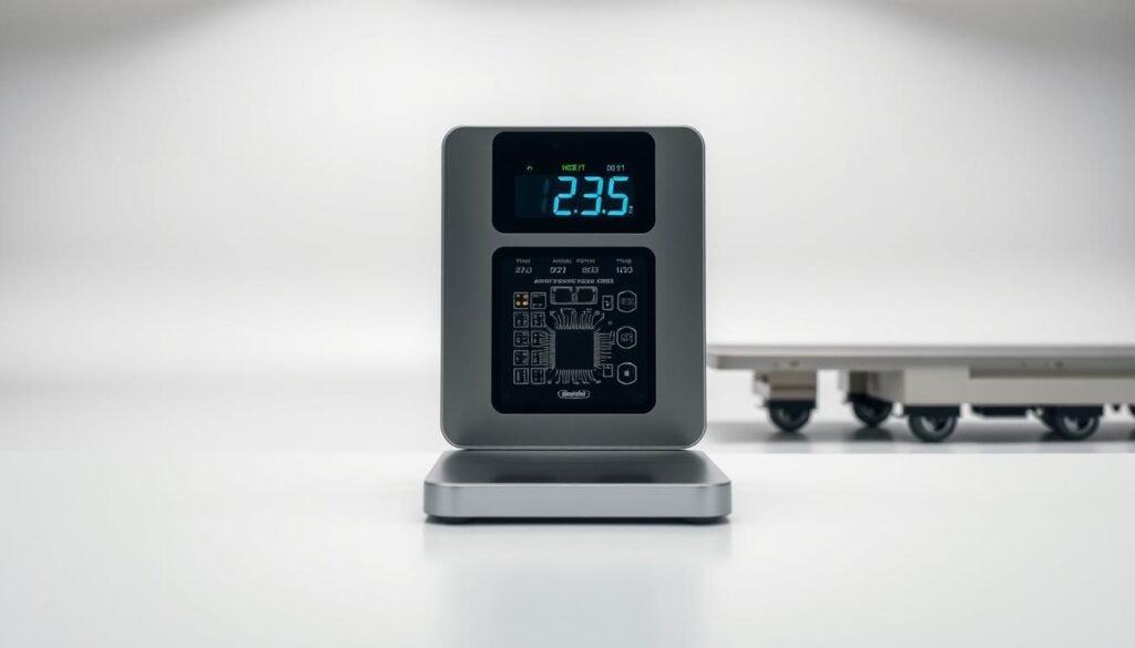 A sleek, modern weighing scale stands prominently in the foreground, its digital display showcasing precise measurements. In the middle ground, an array of advanced sensors and integrated circuits are visible, hinting at the sophisticated technology powering the scale. The background is a clean, minimalist setting, with a subtle gradient that creates a sense of depth and focus on the central subject. The lighting is soft and even, accentuating the smooth, metallic surfaces and creating a sense of precision and professionalism. The overall composition conveys the idea of cutting-edge weighing technologies used in modern truck scales.