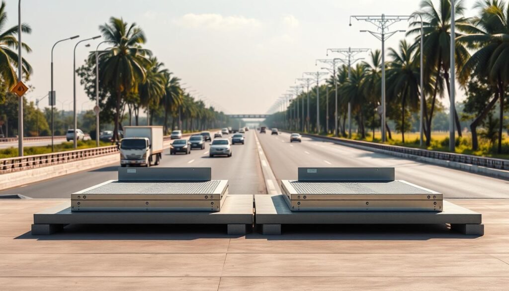 High-quality, hyper-realistic image of a set of fixed road scales (balanças rodoviárias fixas) against a backdrop of a busy Brazilian highway. The scales are positioned on a level concrete platform, their sturdy metal frames gleaming in the bright sunlight. The surrounding area is dotted with tall trees and utility poles, conveying a sense of a commercial transportation hub. The scene is captured from a slightly elevated angle, allowing the viewer to appreciate the scale and heft of the weighing equipment. The lighting is natural and diffused, creating well-defined shadows and highlights that enhance the tactile, industrial feel of the image. The overall mood is one of functional efficiency, underscoring the importance of these scales in the Brazilian logistics and freight industry.