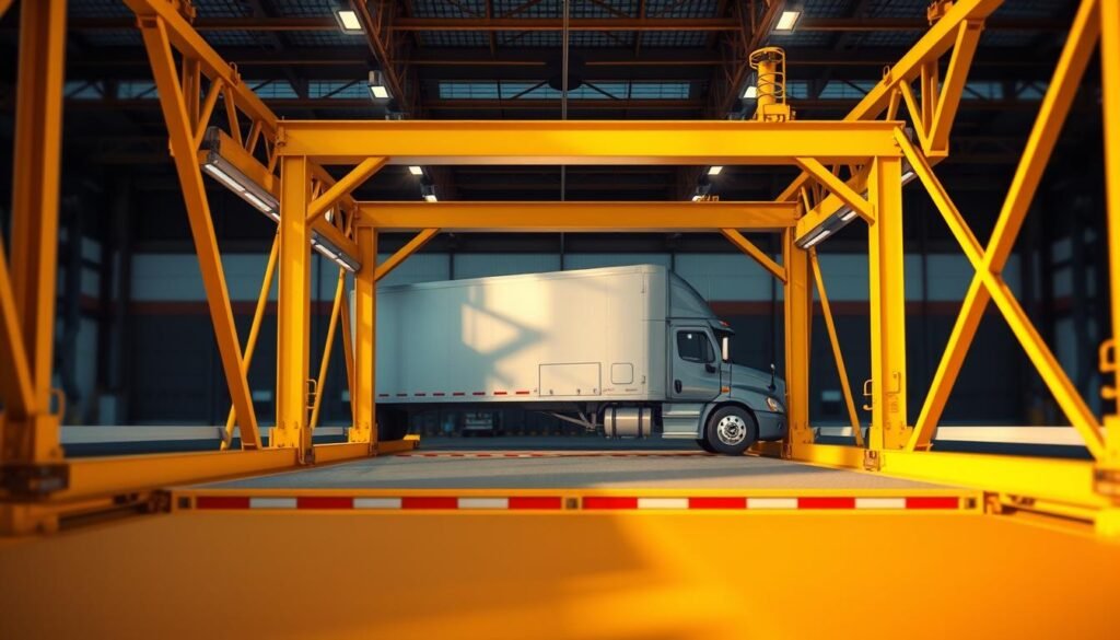 A close-up, high-detailed image of a delta-wing weigh bridge designed for use with semi-trucks. The structure is made of sturdy steel beams and girders, painted in a vibrant safety yellow. The scale platform is large enough to accommodate the full length of a commercial vehicle, with a smooth, flat surface for precise weight measurements. The delta-wing design allows for easier access and positioning of the truck. The scene is illuminated by warm, directional lighting, casting dramatic shadows that highlight the engineering and construction of the weigh bridge. The background is blurred, putting the focus entirely on the impressive, industrial-grade scale.