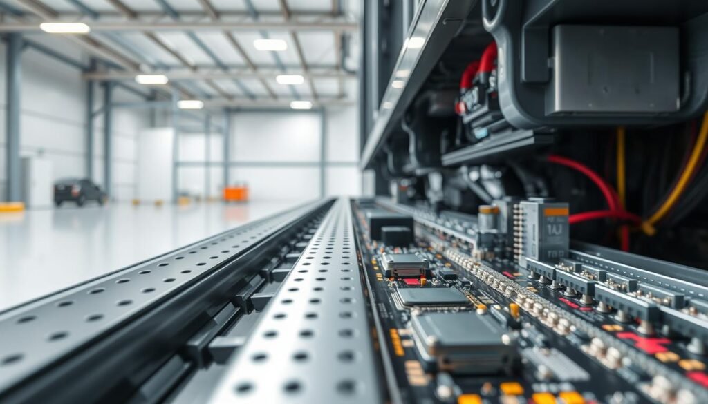 A close-up view of the intricate inner workings of a modern truck scale, showcasing the advanced technology behind precise weight measurements. In the foreground, a high-resolution camera captures the delicate sensors and calibrated load cells that form the foundation of the scale's precision. The middle ground reveals the complex circuits and microprocessors responsible for the scale's digital data processing and automation. In the background, a clean, minimalist industrial setting provides a clean, uncluttered backdrop, allowing the technology to take center stage. The lighting is soft and directional, highlighting the sleek, contemporary design and emphasizing the scale's state-of-the-art engineering.