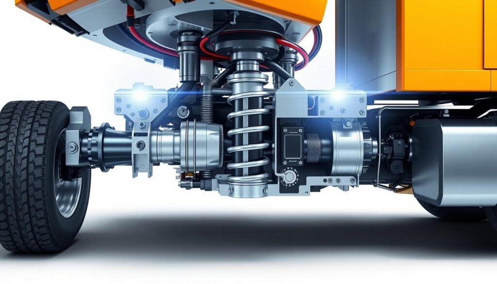 A close-up view of the suspension weighing mechanism of a truck, showcasing its intricate inner workings. The image should feature a detailed cross-section displaying the various components, such as the load cells, suspension springs, and mounting hardware, all captured in a clean, technical illustration style. The lighting should be bright and directional, emphasizing the engineering precision of the design. The background should be a neutral, minimalist environment, allowing the weighing system to be the primary focus. The overall mood should convey a sense of functionality, reliability, and technical expertise.