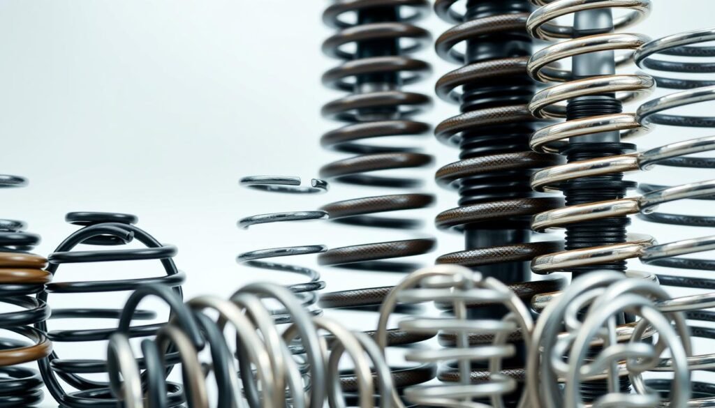 A detailed close-up view of an array of various types of mechanical coil springs, commonly known as "balanças de molas," used in the suspension systems of Brazilian trucks. The springs are displayed in the foreground, showcasing their intricate spiral designs and diverse sizes, textures, and colors. The middle ground features a clean, minimalist background, allowing the springs to take center stage. The lighting is soft and even, highlighting the metallic sheen and subtle variations in the springs' surfaces. The overall composition conveys a sense of technical precision and engineering excellence, reflecting the importance of these suspension components in the safe and reliable operation of commercial vehicles.
