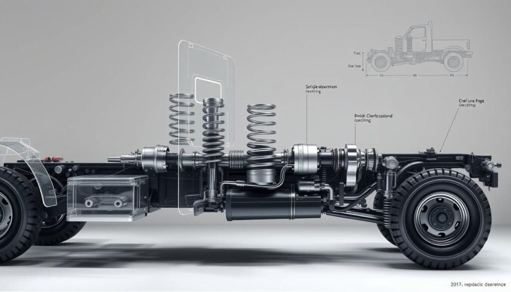 A detailed cross-section illustration of the inner workings of a truck's coil spring suspension system, showcasing the precise mechanics of how the springs, dampers, and linkages function to provide a smooth and stable ride. Crisp engineering schematics from various angles, with precise technical labels and callouts highlighting key components. Bright, diffuse studio lighting casts subtle shadows, emphasizing the three-dimensional form and intricate assembly. The overall mood is one of technical clarity and functional elegance, suitable for educating readers on the principles behind this essential automotive system.