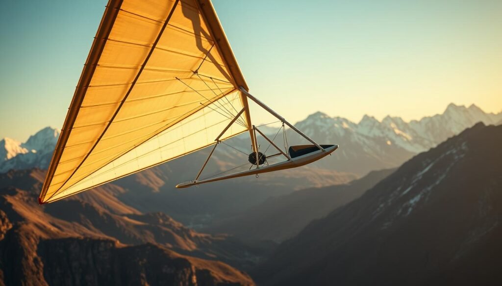 A detailed, high-resolution photograph of a delta-wing hang glider, known as a "balança asa delta" in Portuguese, situated in a scenic mountain landscape. The glider is suspended mid-flight, its sleek, angular wings outstretched against a backdrop of rugged, snow-capped peaks. Warm, golden sunlight illuminates the scene, casting dramatic shadows and highlights across the aircraft's taut fabric surface. The composition emphasizes the glider's graceful, aerodynamic form and the breathtaking natural setting. Every rivet, cable, and control surface is rendered with meticulous precision, showcasing the engineering prowess behind this specialized vehicle designed for the demands of Brazilian truck highway 1313.