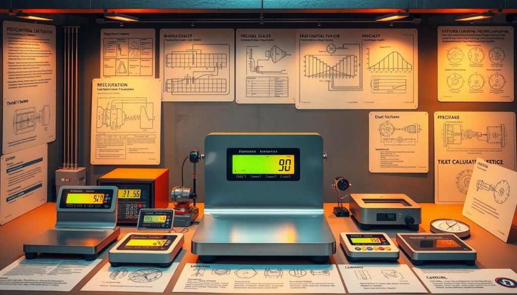 A highly detailed and precisely engineered diagram of various types of weighing scales and measurement devices, showcasing the technical specifications and regulatory requirements for calibration and verification in industrial settings. The scene features a central focus on a large industrial-grade digital scale, its internal mechanisms and displays illuminated under warm, evenly-distributed lighting. Surrounding it are smaller specialty scales, along with schematics, diagrams and technical documentation outlining the Brazilian standards and regulations governing the certification and operation of such measurement equipment. The overall mood is one of technical precision, scientific rigor and regulatory compliance, intended to educate and inform viewers about the critical role of precise calibration in industrial processes.