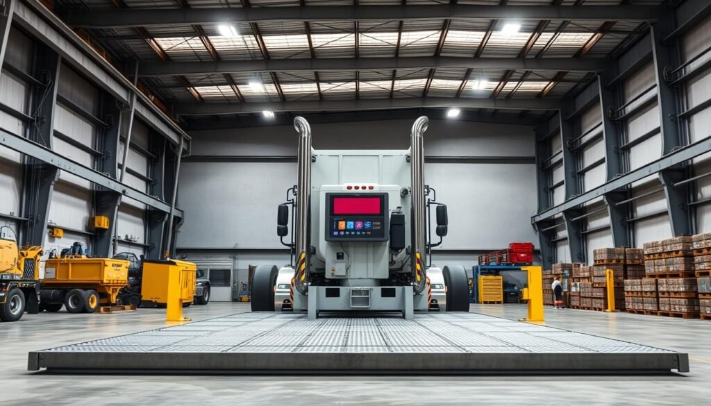 A large, heavy-duty truck scale standing prominently in a well-lit industrial setting. The scale platform is made of sturdy steel, capable of supporting the massive weight of fully loaded commercial trucks. The scale's digital display and control panel are clearly visible, showcasing its advanced technology and precision. In the middle ground, the scale is flanked by a pair of towering, metal support structures, adding to the robust and reliable impression. In the background, the scene is complemented by the presence of other heavy machinery and storage facilities, all contributing to the overall industrial atmosphere. The lighting is bright and even, highlighting the scale's sleek, utilitarian design. The camera angle is positioned to capture the scale in its full, imposing glory, conveying its high-capacity and industrial-grade capabilities.