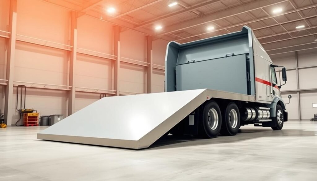 A large, industrial-grade truck scale standing in a well-lit, spacious warehouse. The scale is made of sturdy steel with a sleek, modern design, its surface smooth and polished. The platform is wide enough to accommodate the largest semi-truck tires, and the digital display shows the precise weight measurements. Bright, overhead lighting casts a warm, even glow, casting subtle shadows that accentuate the scale's form. The background is clean and uncluttered, allowing the truck scale to be the focal point, conveying a sense of functionality and precision essential for weighing heavy commercial vehicles.