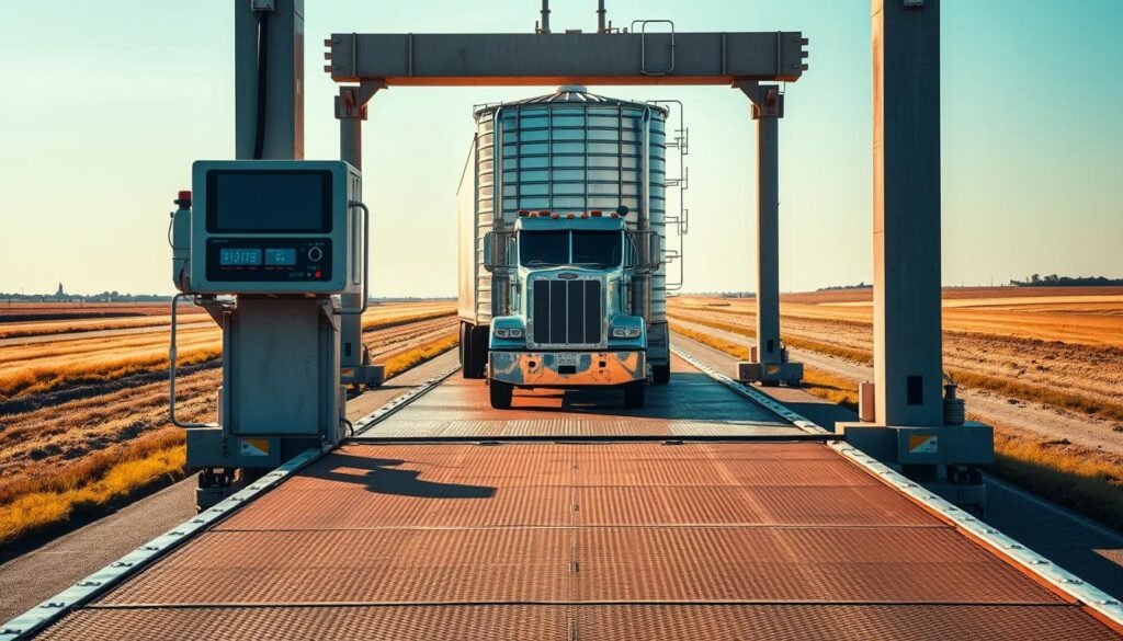 A large, industrial-grade truck scale stands prominently in the foreground, its sturdy metal platform and digital display panel capturing the viewer's attention. In the middle ground, a semi-truck with a towering grain silo is carefully positioned on the scale, its massive size and weight contrasted against the scale's precise measurements. The background features a neatly paved road, flanked by a subtle grassy landscape, creating a sense of order and functionality. The scene is illuminated by warm, natural lighting, casting soft shadows and highlighting the scale's robust construction. The overall atmosphere conveys the importance of accurately weighing heavy vehicles transporting valuable cargo, setting the stage for the article's discussion on the necessary equipment for this task.