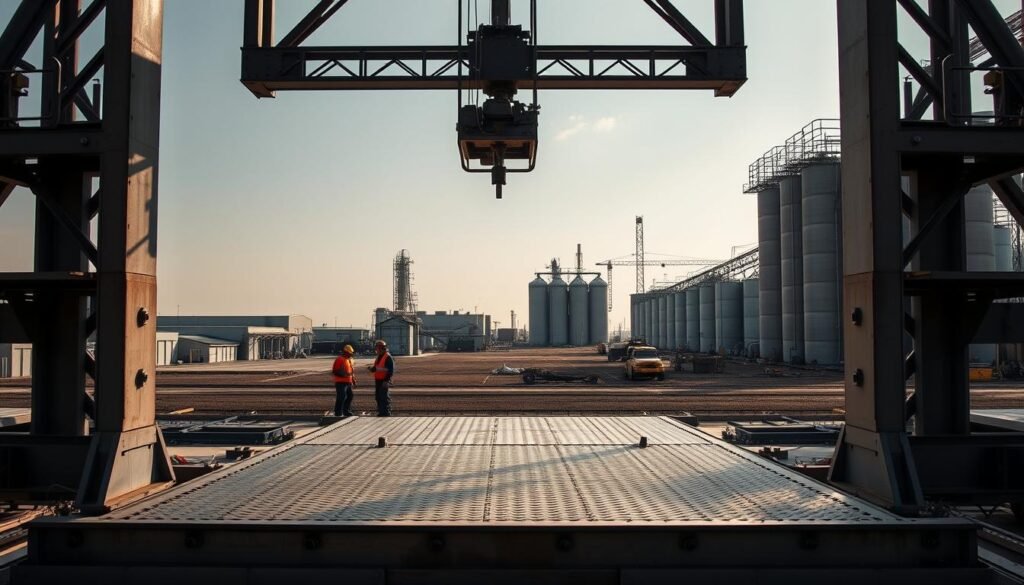 A large industrial-scale weighing platform stands in the foreground, its steel platform and support beams gleaming under bright, even lighting. In the middle ground, workers in safety gear monitor the balance and record measurements, while in the background, the hulking silhouettes of factory buildings and storage silos loom. The scene conveys a sense of precision, efficiency, and the careful measurement required in the operation of an industrial weigh station.