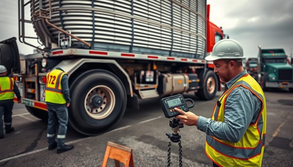 A large truck with a grain silo is parked on a paved surface, surrounded by workers in hi-vis vests. In the foreground, a worker operates a handheld electronic scale, carefully recording the weight of the truck. The middle ground shows the truck's massive tires and the grain silo's intricate structure. In the background, other trucks and equipment are visible, creating a bustling industrial scene. The lighting is bright and evenly distributed, captured with a wide-angle lens to showcase the full scale of the operation. The overall mood is one of precision, efficiency, and the importance of accurately weighing heavy loads for transport.
