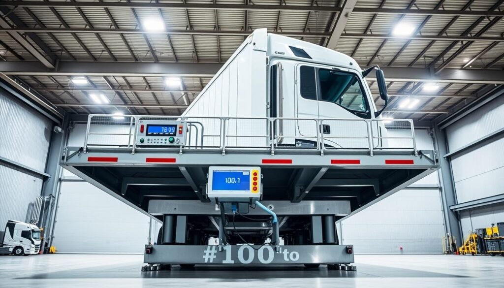 A massive 100-ton truck scale stands in a well-lit industrial setting. The scale's platform is made of sturdy steel, designed to support the immense weight of fully-loaded commercial vehicles. The scale's digital display and control panel are prominently featured, showcasing its advanced capabilities for precise weight measurements. In the background, a large warehouse or factory building provides a sense of scale and context. The lighting is bright and even, casting a crisp, professional atmosphere over the scene. The angle of the shot emphasizes the impressive size and engineering of this specialized piece of equipment, highlighting its role in the efficient management of heavy-duty transportation and logistics.