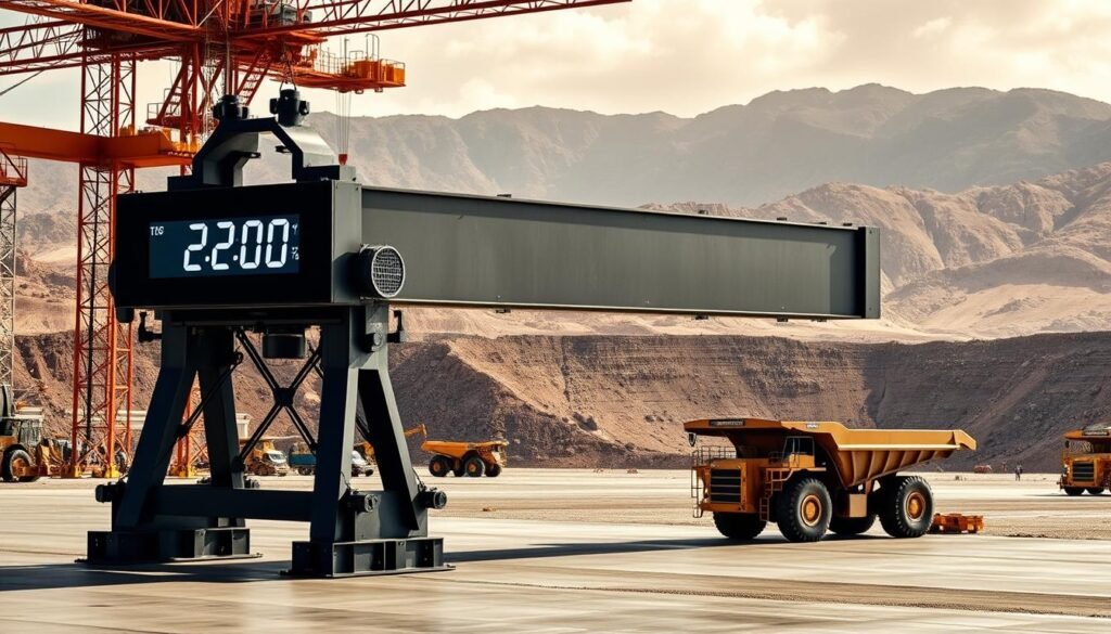 A massive 200-ton mining scale stands tall in the foreground, its sturdy steel frame and precise digital display commanding attention. The scale is situated in a spacious, well-lit industrial environment, with towering cranes and hulking mining trucks visible in the middle ground. In the background, the rugged landscape of an open-pit mine stretches out, showcasing the scale's vital role in the extraction and transport of heavy materials. The scene exudes a sense of industrial power and efficiency, highlighting the importance of these large-scale weighing systems in the mining industry.