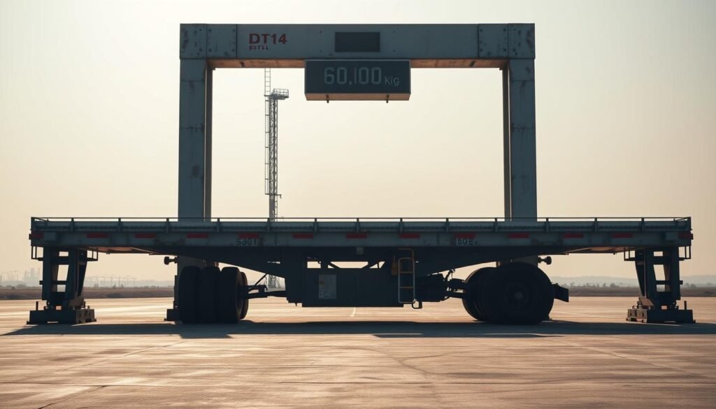 A massive 60,000 kilogram truck scale stands tall in a vast industrial lot, its sturdy steel frame and precise digital display commanding attention. Sunlight glints off the smooth, weathered surface, creating a sense of rugged reliability. In the foreground, the scale's broad platform stretches out, ready to accommodate the heaviest of commercial vehicles. The background fades into a hazy horizon, emphasizing the scale's imposing presence. The scene conveys a sense of functionality and purpose, perfectly suited to illustrate the use of such a powerful weighing instrument.