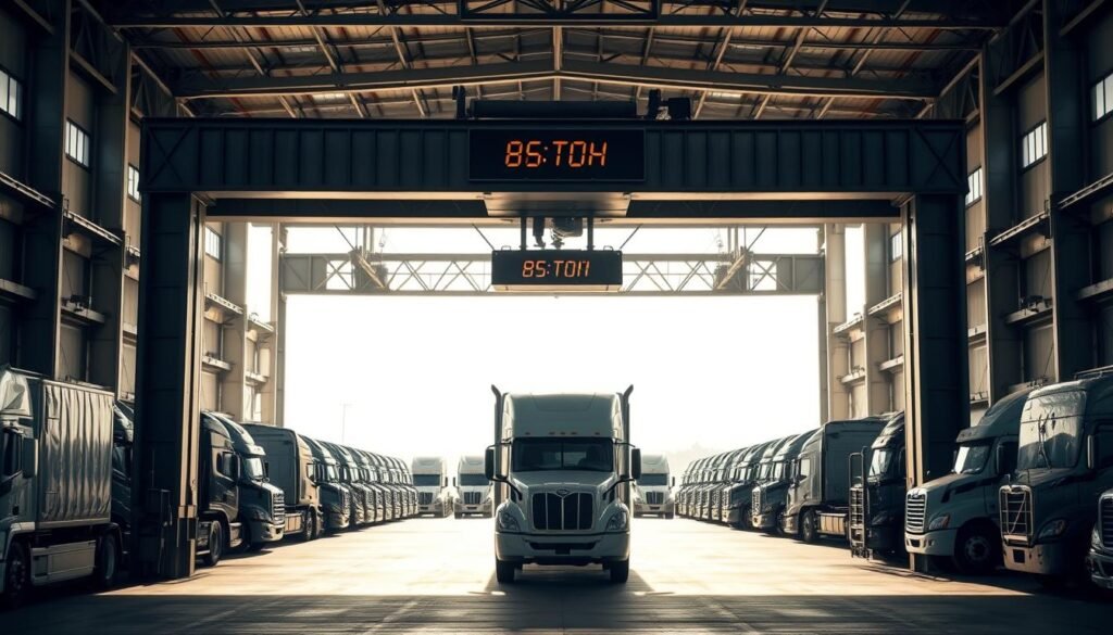 A massive 80-ton truck scale stands in a well-lit industrial setting, its sturdy metal frame and precise digital readout conveying a sense of advanced technology and reliable performance. The scale is situated on a level concrete platform, surrounded by orderly rows of parked semi-trucks awaiting their turn to be weighed. Bright sunlight filters through large windows, casting long shadows and creating a clean, modern atmosphere. The scene exudes an air of efficient logistics and meticulous management, perfectly capturing the technology and functionality of this specialized weighing system designed to serve the heavy-duty transportation industry.