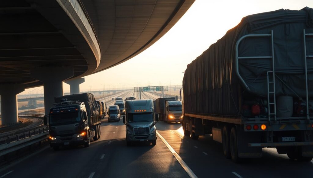 A massive highway overpass, dimly lit by the setting sun, casts long shadows across a bustling scene of overloaded trucks. In the foreground, a massive 80-ton weigh scale stands ready to precisely measure the weight of each cargo-laden vehicle, their tires straining under the immense loads. The middle ground is a cacophony of rumbling engines and clanking metal, as drivers carefully maneuver their rigs onto the scale platform. In the distance, the highway stretches out, disappearing into the hazy horizon, a testament to the vital role these heavy-duty trucks play in the supply chain. The overall atmosphere conveys the importance of accurate weight measurement to ensure road safety and regulatory compliance.