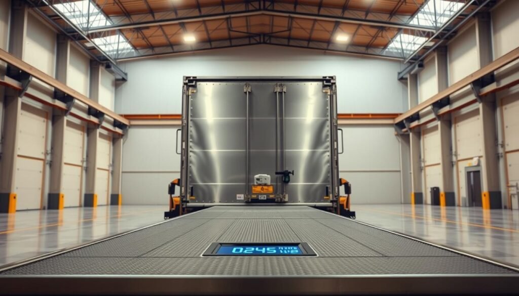 A massive, industrial-grade electronic truck scale stands in a well-lit, spacious warehouse. The scale's sleek, metallic surface gleams under the warm, overhead lighting, conveying a sense of precision and reliability. In the foreground, the scale's digital display shows clear, easy-to-read measurements, showcasing its advanced capabilities. The background features a clean, minimalist environment, allowing the scale to be the central focus. The overall composition emphasizes the scale's robustness, technological sophistication, and suitability for heavy-duty applications like weighing large commercial vehicles.