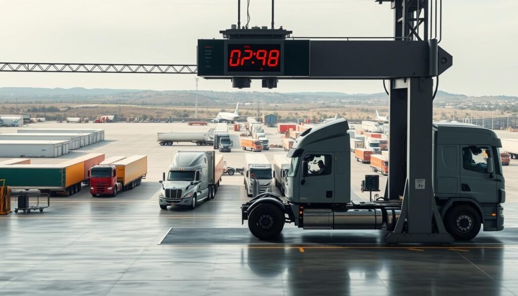 A massive truck scale stands prominently in the foreground, its sturdy metal frame and precise digital display conveying a sense of industrial reliability. The scale is positioned in a well-lit, spacious truck terminal, with a clear view of the surrounding area. In the middle ground, neatly parked trucks await their turn to be weighed, their drivers patiently observing the process. The background features a landscape of warehouses, loading docks, and other transportation infrastructure, creating a scene of efficient logistics. The overall mood is one of orderly functionality, showcasing the importance of accurate truck weighing in the smooth operation of the supply chain.