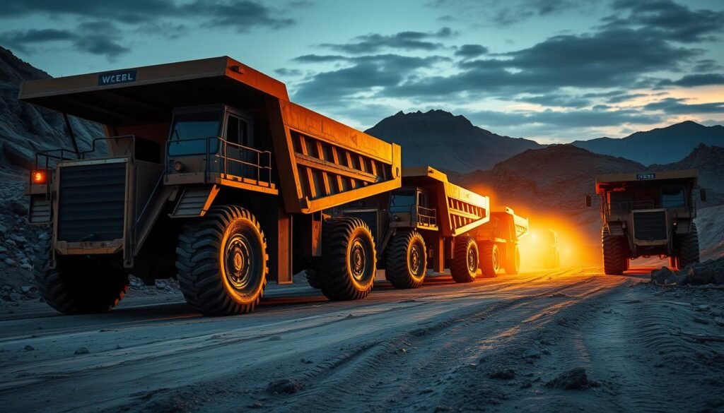 A rugged off-road construction site at dusk, with massive heavy-duty mining trucks hauling massive loads over uneven terrain. The scene is bathed in warm, golden light, casting dramatic shadows that highlight the trucks' powerful frames and massive tires. The trucks are precisely detailed, showcasing their impressive size and engineering, conveying a sense of raw power and capability. In the background, a looming mountain range sets the scene, emphasizing the scale and challenges of the environment. The overall atmosphere is one of industrial might and engineering prowess, perfectly suited to illustrate the "Principais tipos de caminhões para cargas extremas" section of the article.