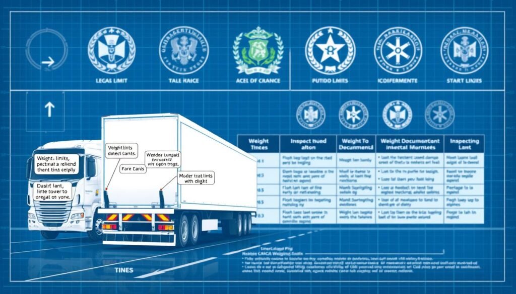 A well-lit, detailed blueprint-style diagram of the key legislation and regulations governing truck cargo weighing in Brazil. The foreground features a prominent, annotated diagram of a truck scale, with callouts highlighting weight limits, fines, and inspection procedures. The middle ground showcases a table outlining the legal requirements for weight documentation and reporting. In the background, a series of official government seals and insignia convey the authoritative nature of the Brazilian cargo weighing laws. The overall tone is informative and technical, reflecting the subject matter.
