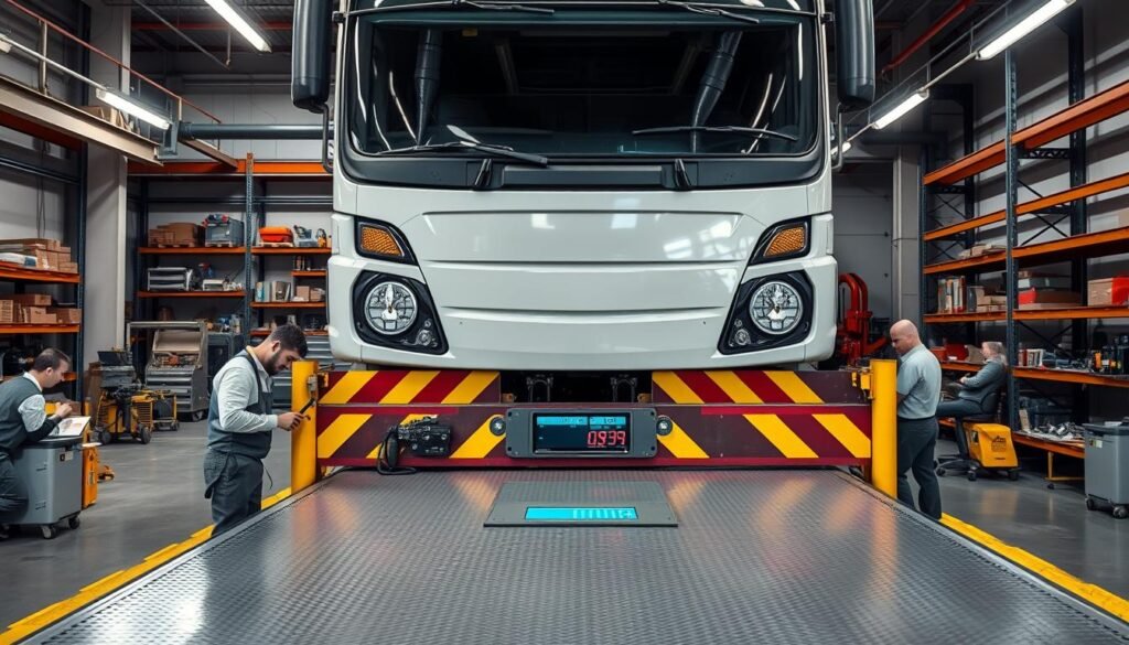 A well-lit, high-resolution, photorealistic image of a truck scale being calibrated and maintained by a team of technicians in a modern industrial setting. The foreground depicts the technicians carefully inspecting the scale's components, adjusting dials, and recording measurements with precision tools. The middle ground showcases the scale itself, a large, sturdy platform with digital displays and safety railings. The background features the workshop environment, including shelves of spare parts, calibration equipment, and other tools of the trade. The overall scene conveys a sense of expertise, attention to detail, and compliance with regulatory standards, reflecting the importance of proper scale maintenance for commercial vehicles.