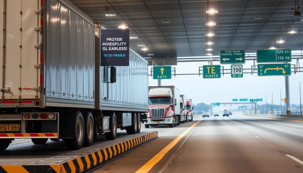 A well-lit highway scene showcasing the importance of truck scales in cargo transportation. In the foreground, a large commercial truck stands on an industrial-grade truck scale, its weight being carefully measured. In the middle ground, other trucks queue up to be weighed, their drivers attentive to the scale's readings. The background features signage and infrastructure typical of a weigh station, with the road stretching out into the distance. The scene conveys a sense of order, safety, and regulatory compliance within the transportation industry.
