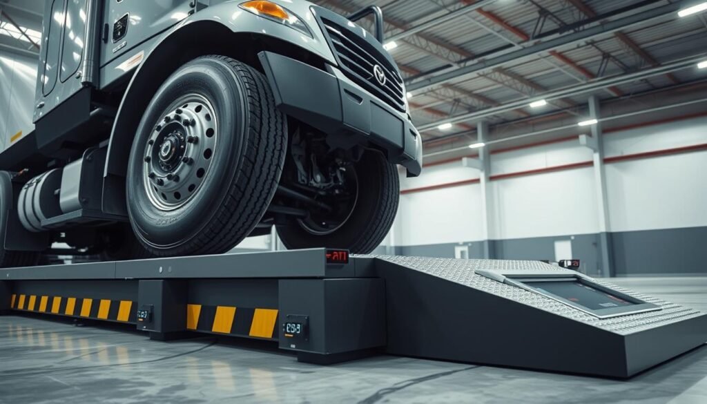 a detailed, photorealistic image of the benefits of truck tire scales, showing a large semi-truck parked on a commercial scale platform, its front wheels elevated for inspection. The scale platform is positioned in a well-lit, industrial warehouse setting, with clean concrete floors and exposed beams overhead. The truck's tires are the focal point, with the scale's digital readout display clearly visible, showcasing accurate weight measurements. The image conveys a sense of precision, efficiency, and the importance of regularly checking truck tire pressures and weights to ensure optimal performance and safety.