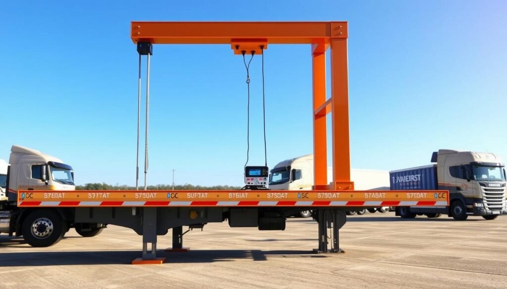 a detailed, realistic, and well-lit rendering of a truck weighing scale, showcasing its suspension system. The scale is placed in a spacious outdoor setting, with a clear blue sky in the background. The foreground features the scale's platform, supported by thick metal suspension rods and a sturdy frame. The middle ground showcases the scale's control panel and display, highlighting the precision and technology of the device. The background includes a few parked trucks, emphasizing the scale's practical application in a commercial transportation setting. The overall scene conveys a sense of functionality, reliability, and the benefits of using a truck weighing scale with a suspension system.